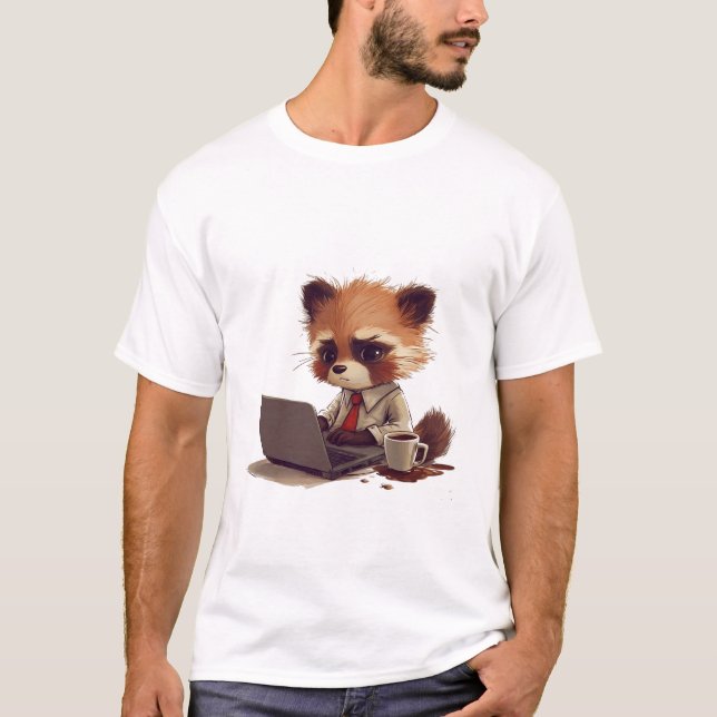 Kawaii Red Panda Working on Laptop with Coffee Spi T-Shirt (Front)