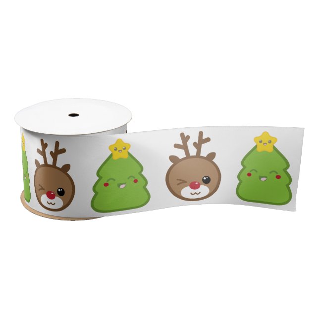 Kawaii Reindeer & Christmas Tree Ribbon Satin Ribbon (Spool)