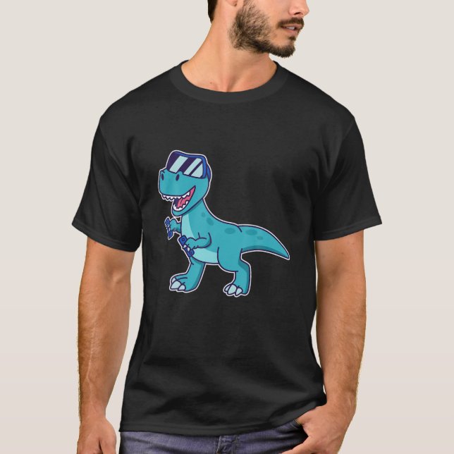 Kawaii Rex Dinosaur Gamer In VR World - VR Headset T-Shirt (Front)