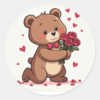 Kawaii Romantic Bear Proposal with Roses and Heart Classic Round Sticker