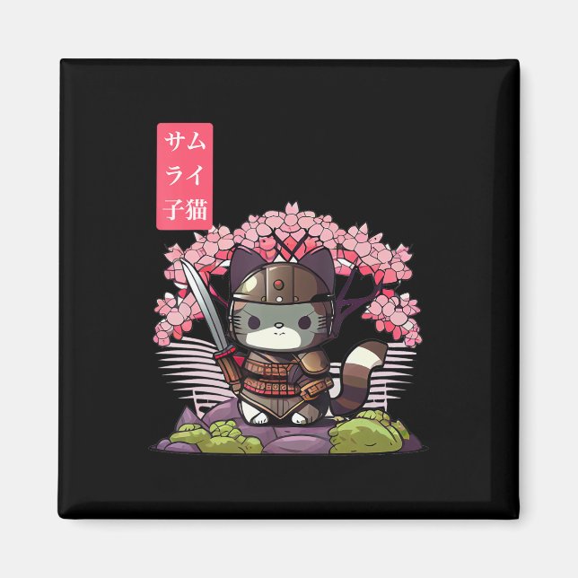 Kawaii Samurai Kitten with Cherry Blossom Japanese Magnet (Front)