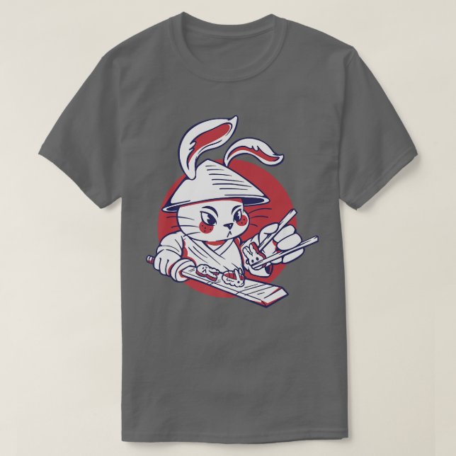 Kawaii Samurai Rabbit Chef Making Cute Bunny Sushi T-Shirt (Design Front)