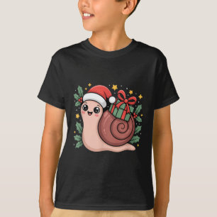 Kawaii Santa Snail With Wrapped Box And Holly Star T-Shirt