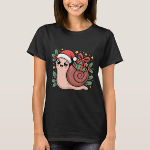 Kawaii Santa Snail With Wrapped Box And Holly Star T-Shirt