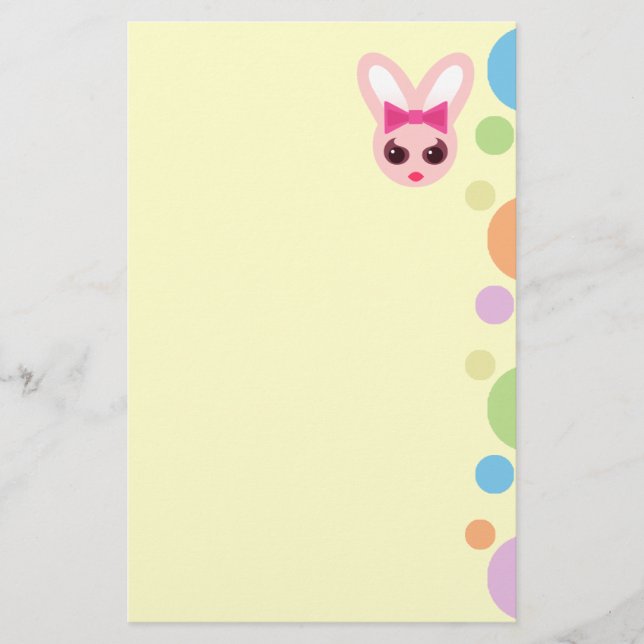 Kawaii Sassy Bunny Pink Bow & Mod Dots Stationery (Front)