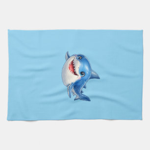 Kawaii Shark Swimming Joyfully in a Whimsical Sea Tea Towel