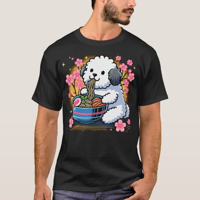 Kawaii Sheepadoodle dog Eating Ramen T-Shirt (Front)