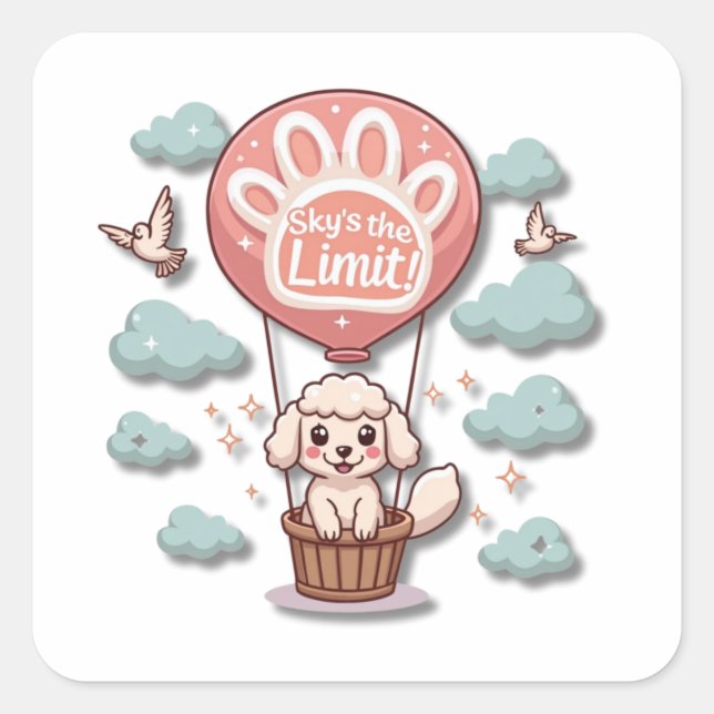 Kawaii Sheepdog in Hot Air Balloon Square Sticker (Front)