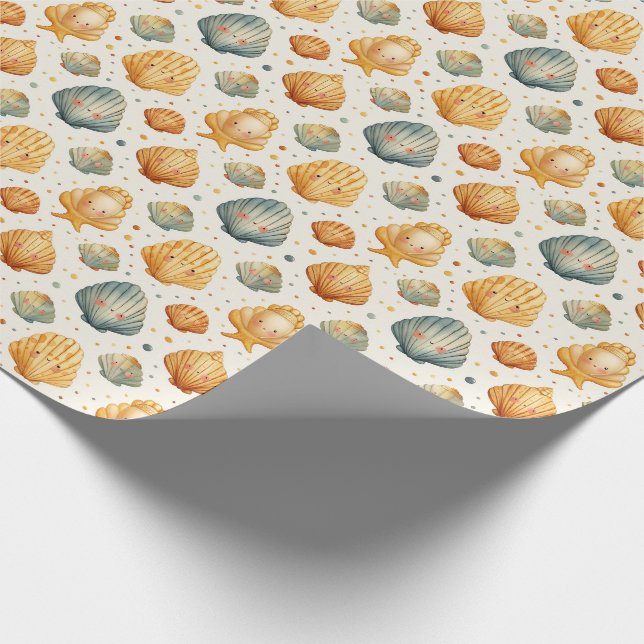 Kawaii Shells Yellow and Blue Wrapping Paper (Corner)
