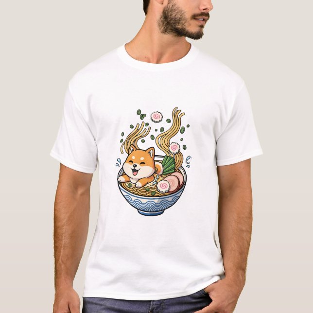 Kawaii Shiba Inu Puppy Bathing in Japanese Ramen N T-Shirt (Front)