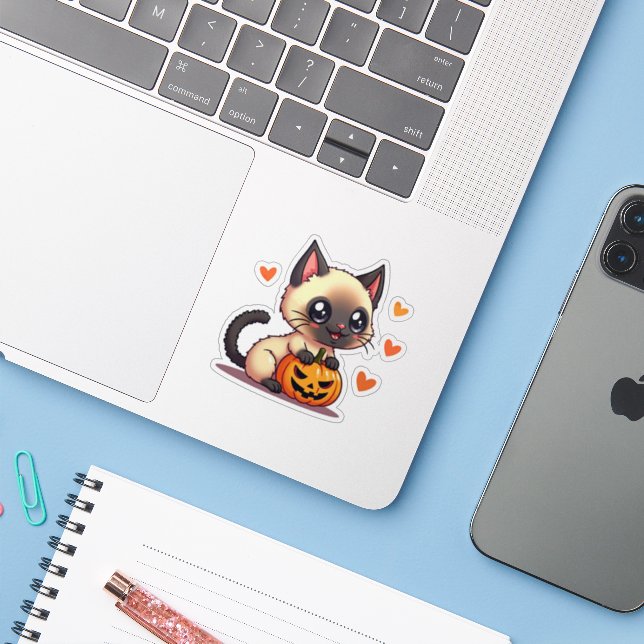 Kawaii Siamese Kitten – Halloween Chibi (Laptop w/ iPhone)