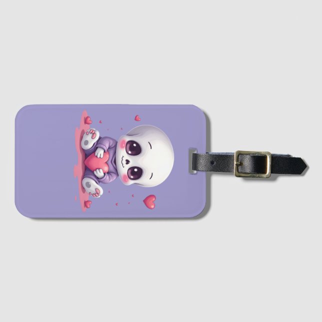 Kawaii Skeleton Holding Heart Luggage Tag (Front Horizontal)