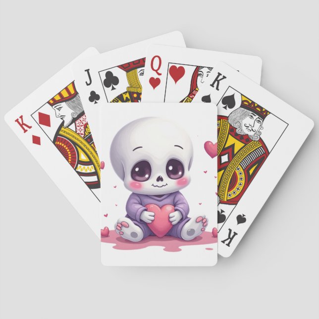Kawaii Skeleton Holding Heart Playing Cards (Back)
