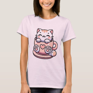 Kawaii Sleeping Cat in Teacup Cute Aesthetic T-Shirt