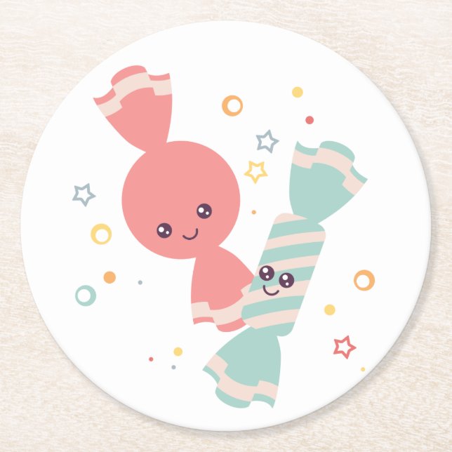Kawaii Smiling Candy Round Paper Coaster (Front)
