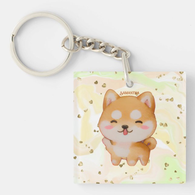 Kawaii Smiling Cartoon-Style Shiba Inu Key Ring (Front)