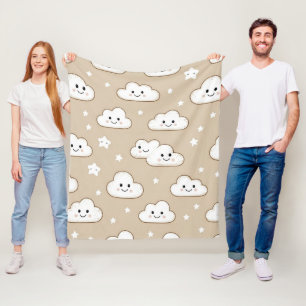 Kawaii Smiling Clouds & Stars on Beige Fleece Blanket