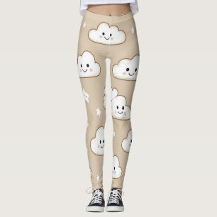  Kawaii Smiling Clouds & Stars on Beige Leggings