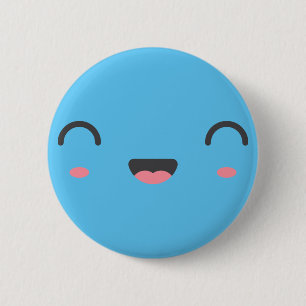 Kawaii smiling face with round closed eyes, blue 6 cm round badge
