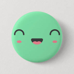 Kawaii smiling face with round closed eyes, green 6 cm round badge