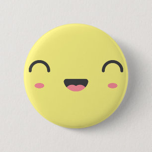 Kawaii smiling face with round closed eyes, yellow 6 cm round badge