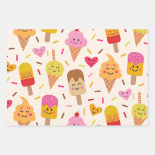 Kawaii Smiling Ice cream Kids Birthday  Wrapping Paper Sheet
