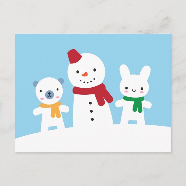 Kawaii Snow Day with Bunny & Bear Postcard (Front)