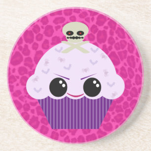 Kawaii Spooky Cupcake Pink Leopard Print Coaster