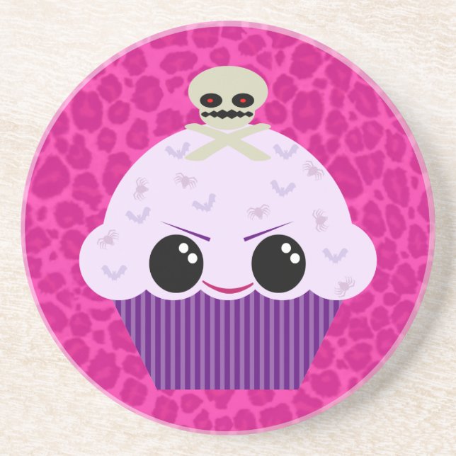 Kawaii Spooky Cupcake Pink Leopard Print Coaster (Front)