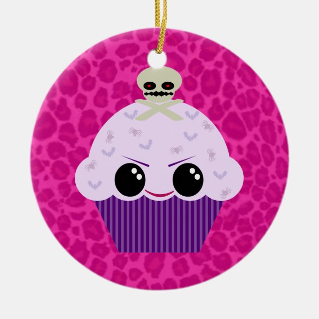 Kawaii Spooky Cupcake Pink Leopard Print Ornament (Front)