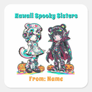 Kawaii Spooky Sisters Anime Chibi Halloween Square Sticker