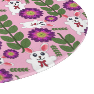 Kawaii Spring Bunny: Vibrant Purple Floral  Cutting Board