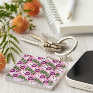 Kawaii Spring Bunny: Vibrant Purple Floral Maximal Key Ring
