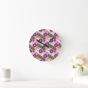 Kawaii Spring Bunny: Vibrant Purple Floral Maximal Round Clock