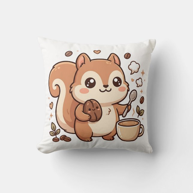 Kawaii Squirrel Coffee Throw Pillow (Front)