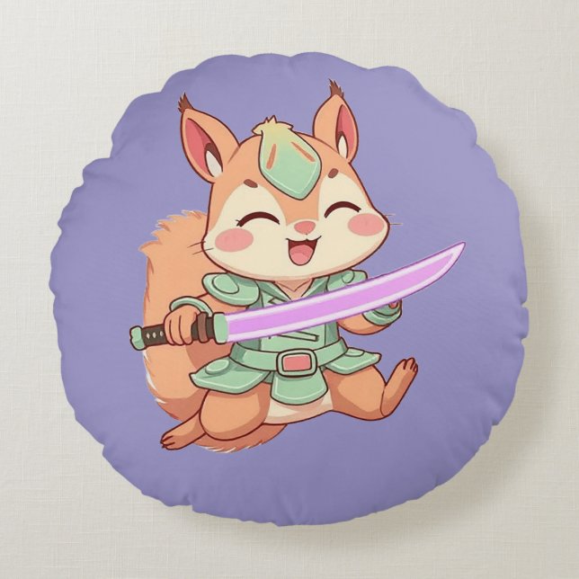 Kawaii Squirrel Samurai. Round Cushion (Front)