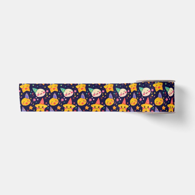 Kawaii Star Party Pattern for Kids Satin Ribbon (Front)