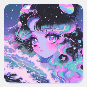 Kawaii Star-Sea Girl Under Cosmic Waves Square Sticker