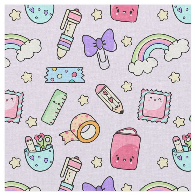 Kawaii Stationery Pattern Fabric (Close Up)