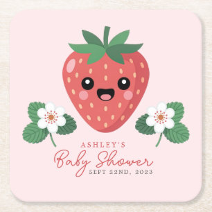 Kawaii Strawberry Baby Shower Square Paper Coaster