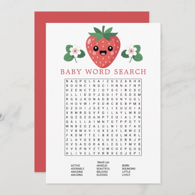 Kawaii Strawberry Baby Shower Word Search Game Invitation (Front/Back)
