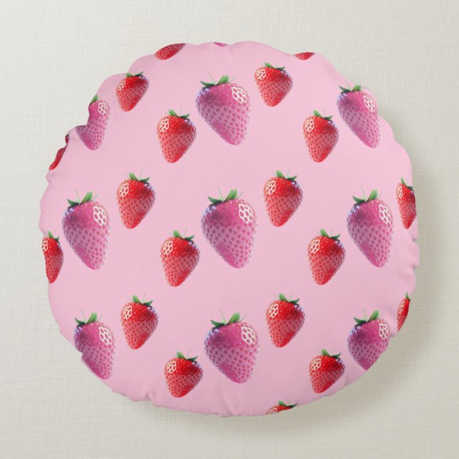 Kawaii Strawberry Berry Sweet Pink and Red Fruit Round Cushion (Front)