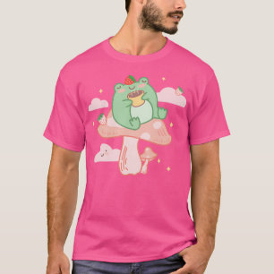 Kawaii Strawberry Frog On Mushroom Pink Anime Cott T-Shirt
