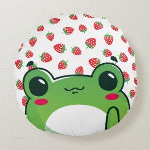 Kawaii Strawberry Frog Round Cushion