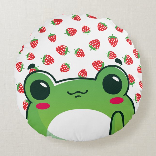 Kawaii Strawberry Frog Round Cushion (Front)