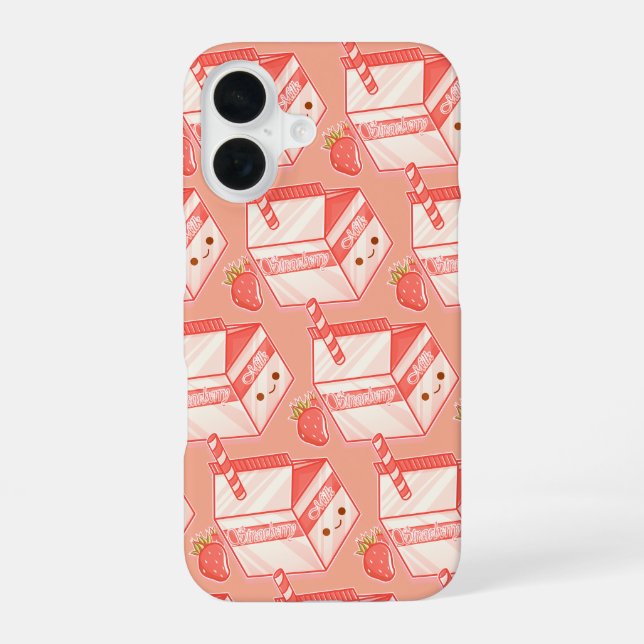 Kawaii Strawberry Milk Carton - Cute Aesthetic Art iPhone 16 Case (Back)
