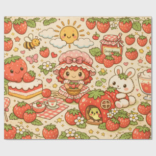 Kawaii Strawberry Picnic Wrapping Paper