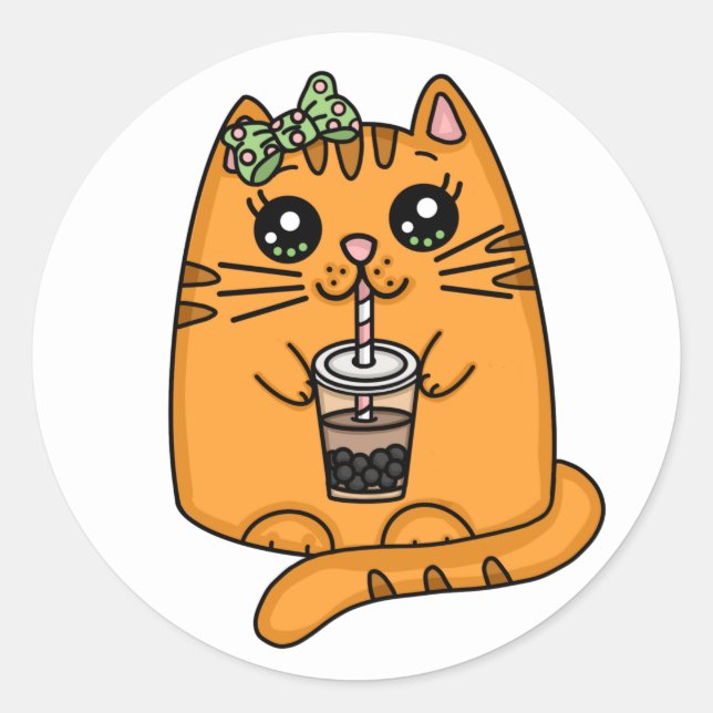 Kawaii Style Kitty Cat with Bubble Tea  Classic Round Sticker (Front)