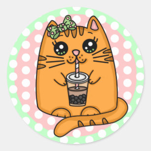 Kawaii Style Kitty Cat with Bubbly Tea Classic Round Sticker