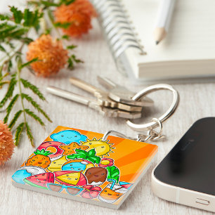 Kawaii Summer Doodles Sun Beach and Tropical Key Ring